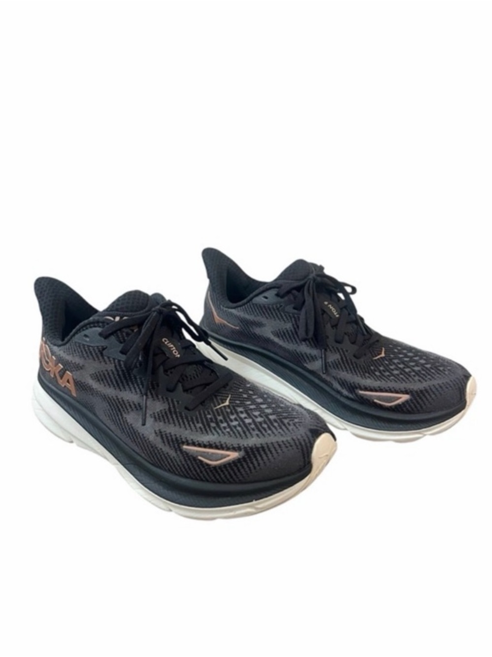HOKA Clifton 9 Running Shoes Women’s Size 7 Wide Black Rose Gold Low Sneakers